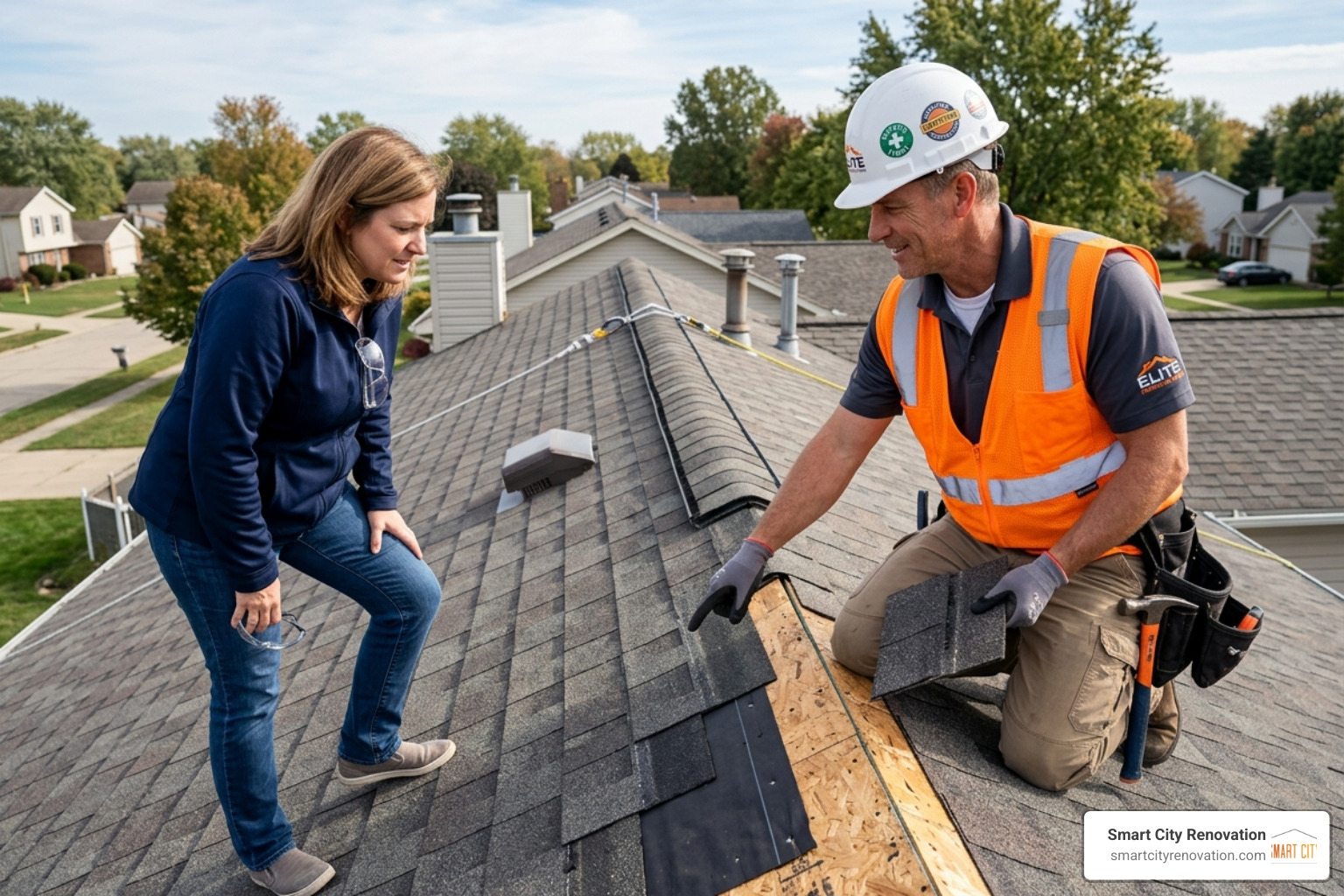 certified contractor explaining roof layers to a homeowner - certified roofers near me certified contractor explaining roof layers to a homeowner - certified roofers near me