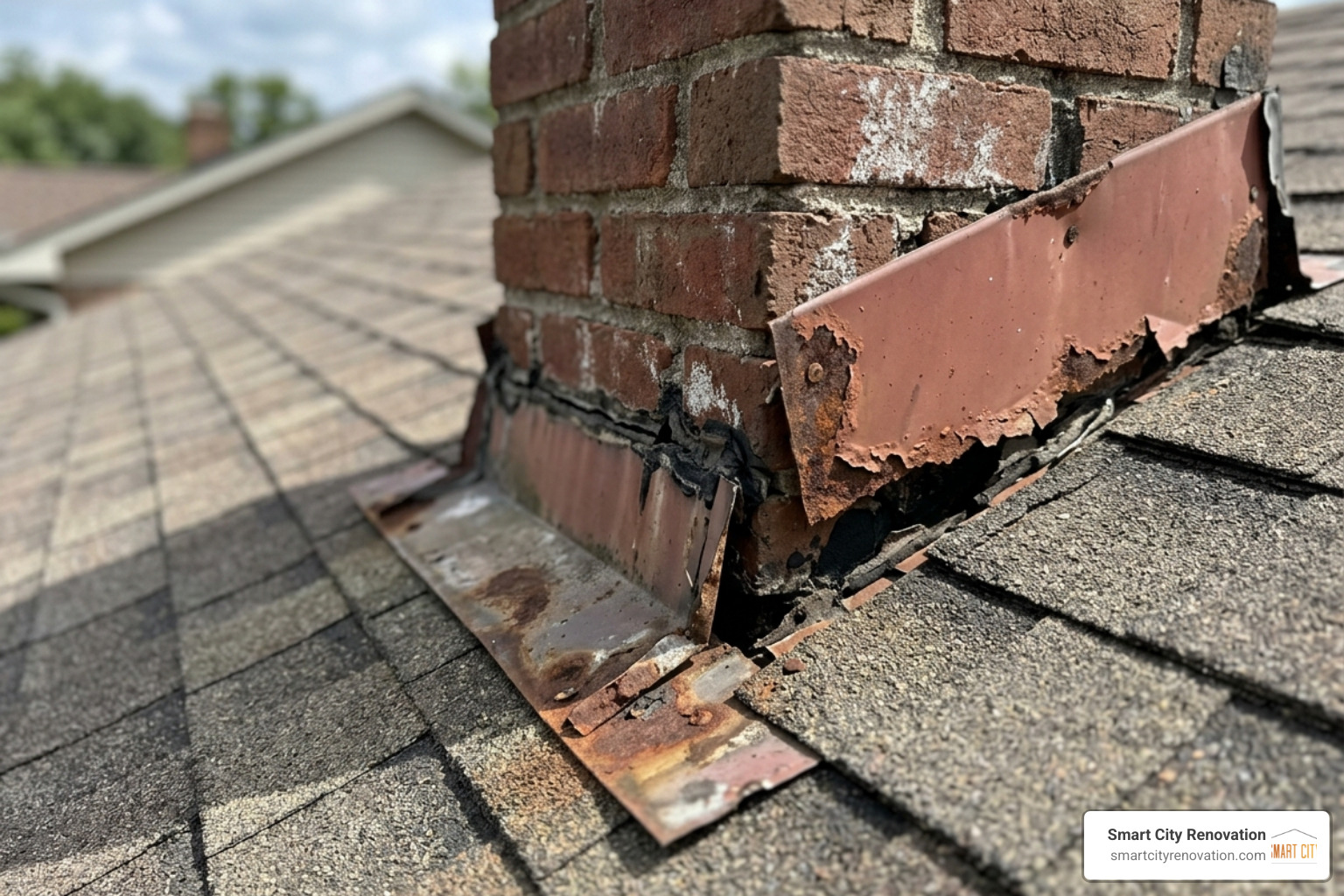Close-up of damaged roof flashing around a chimney with visible gaps - roof leak specialist near me Close-up of damaged roof flashing around a chimney with visible gaps - roof leak specialist near me