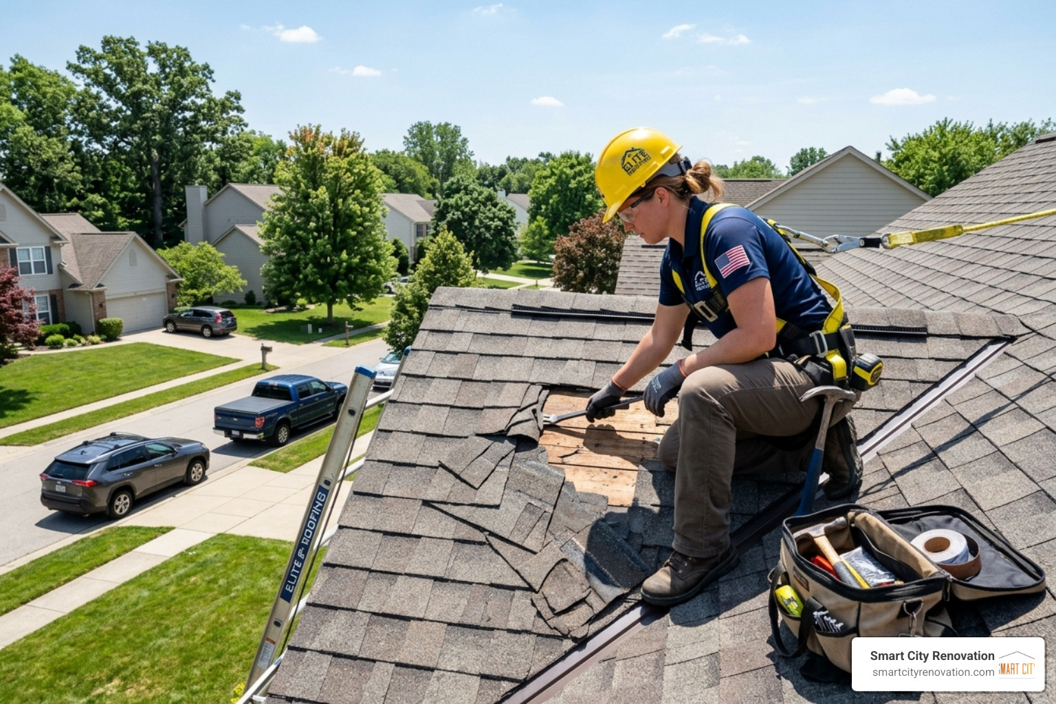 Professional roofer in a safety harness inspecting shingles on a residential roof - roof leak specialist near me Professional roofer in a safety harness inspecting shingles on a residential roof - roof leak specialist near me