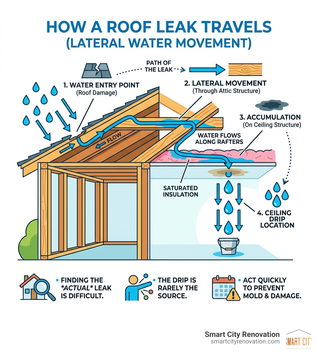 Infographic showing how water travels laterally from roof entry point to ceiling drip location - roof leak specialist near Infographic showing how water travels laterally from roof entry point to ceiling drip location - roof leak specialist near