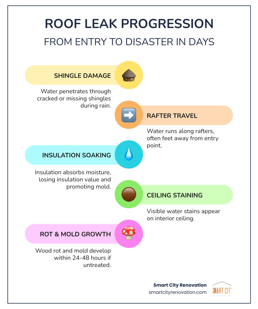 Infographic showing the progression of a roof leak from shingle damage to interior rot and mold - leak in roof repair Infographic showing the progression of a roof leak from shingle damage to interior rot and mold - leak in roof repair