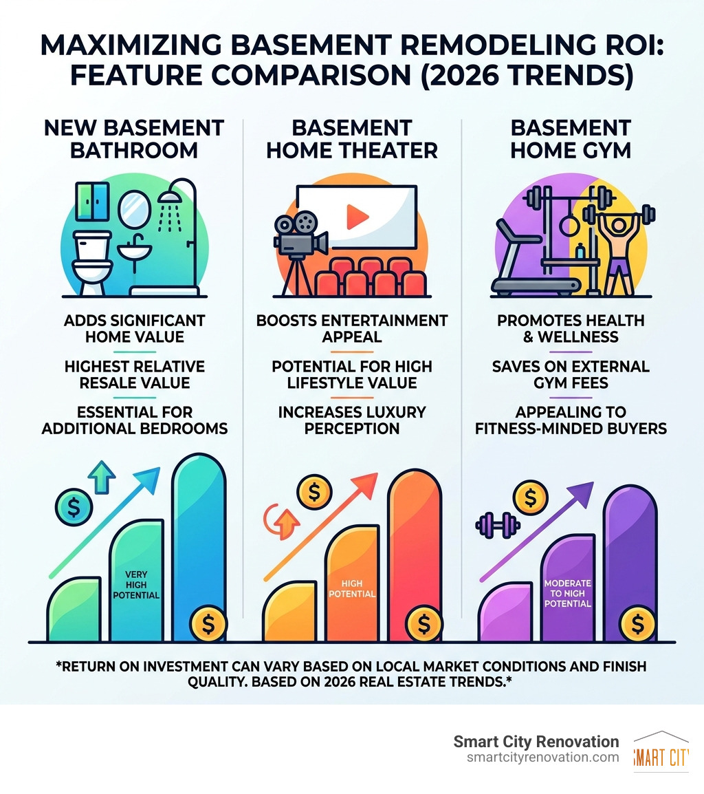 infographic showing the ROI of basement features: bathroom vs home theater vs gym - basement remodeling infographic infographic showing the ROI of basement features: bathroom vs home theater vs gym - basement remodeling infographic