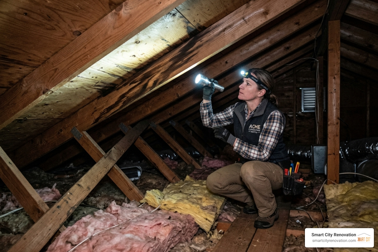 A contractor using a flashlight in a dark attic to trace water stains along rafters - leak in roof repair A contractor using a flashlight in a dark attic to trace water stains along rafters - leak in roof repair