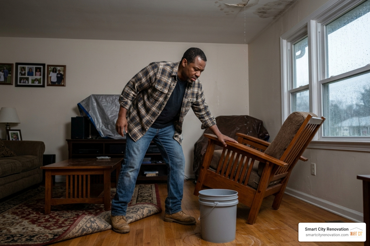 Homeowner placing a bucket under a ceiling leak and moving furniture - leak in roof repair Homeowner placing a bucket under a ceiling leak and moving furniture - leak in roof repair