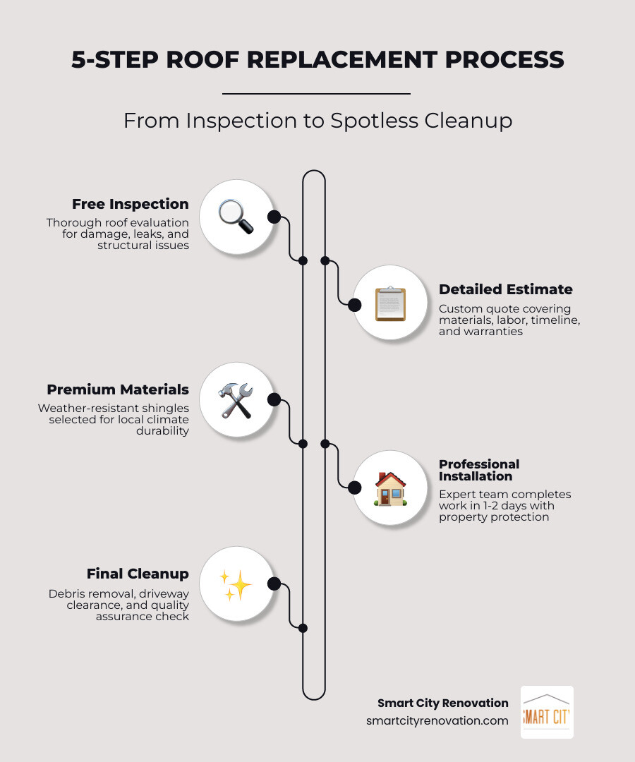 5-step roof replacement process infographic with inspection, estimate, materials, installation, and cleanup - roofers near