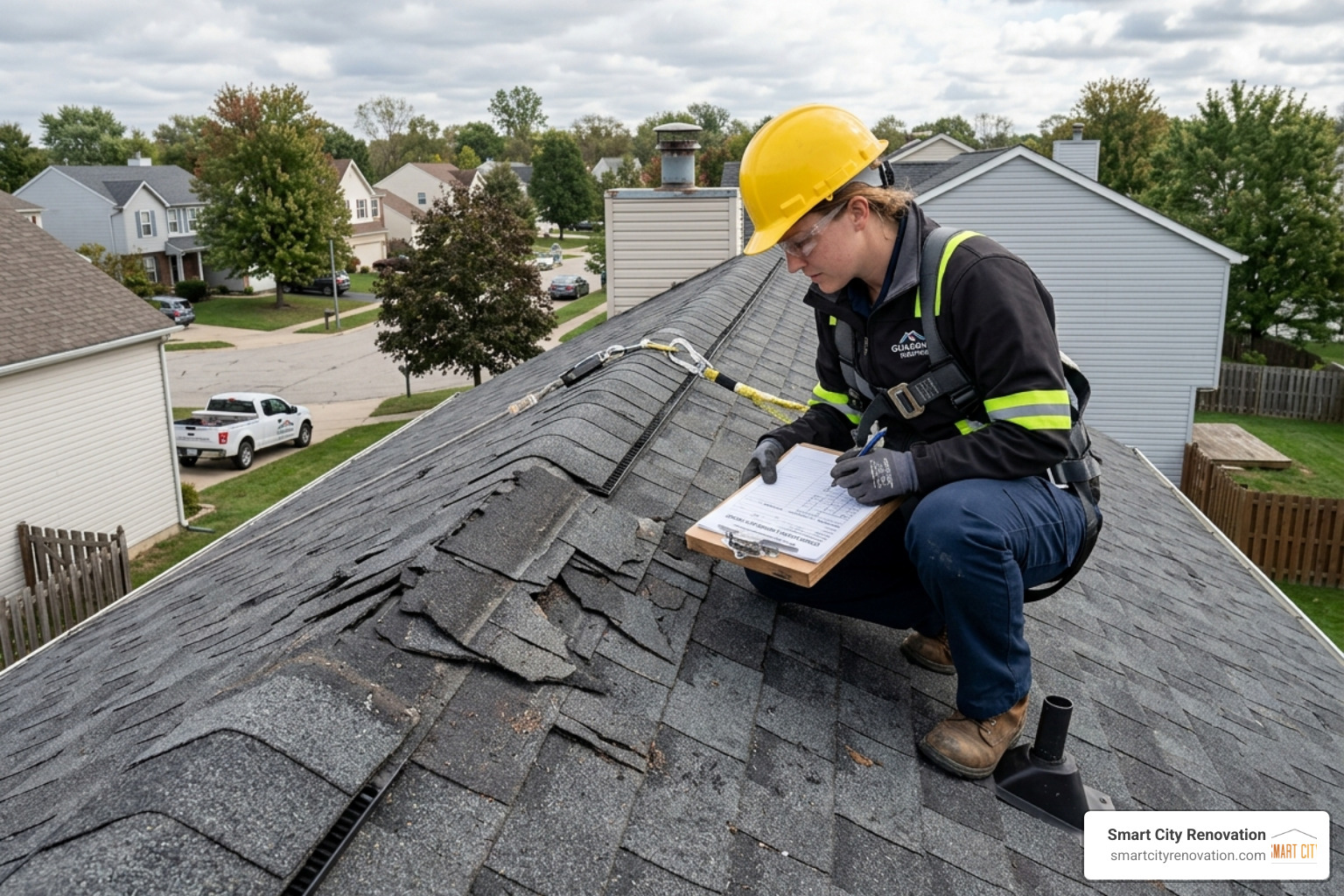technician inspecting storm-damaged shingles with a clipboard - roofers near me