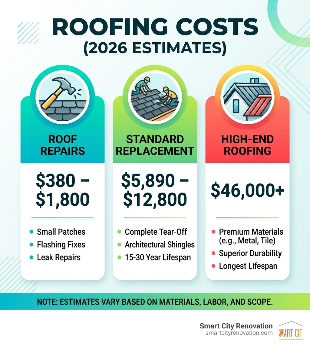 Table comparing roofing costs: Repairs $380-$1,800; Replacement $5,890-$12,800; High-end $46,000+ - roofers near me