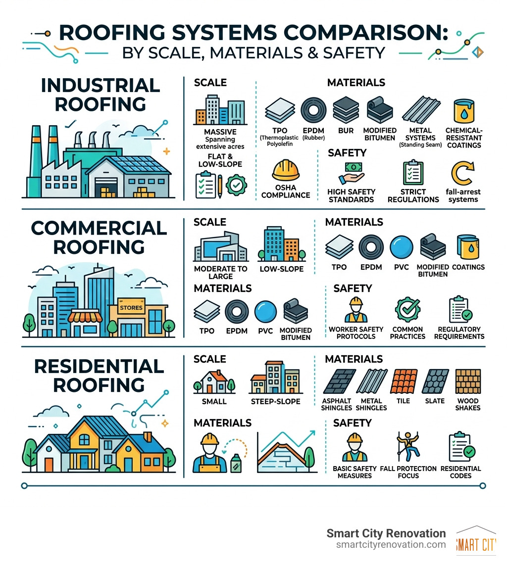 Infographic comparing industrial, commercial, and residential roofing systems by scale, materials, and safety requirements Infographic comparing industrial, commercial, and residential roofing systems by scale, materials, and safety requirements