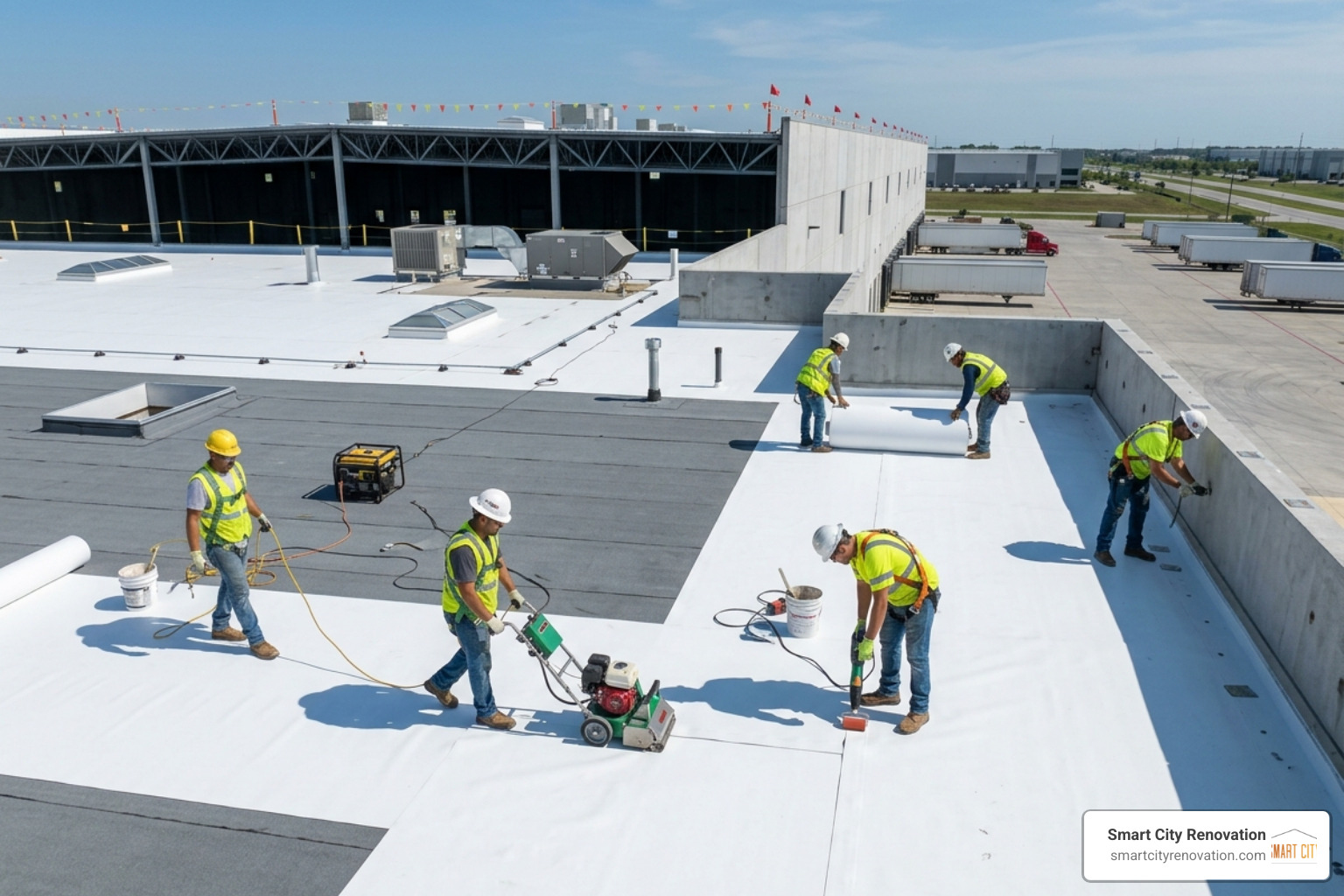 A crew performing a TPO membrane installation on a wide-span warehouse - industrial roofers near me A crew performing a TPO membrane installation on a wide-span warehouse - industrial roofers near me
