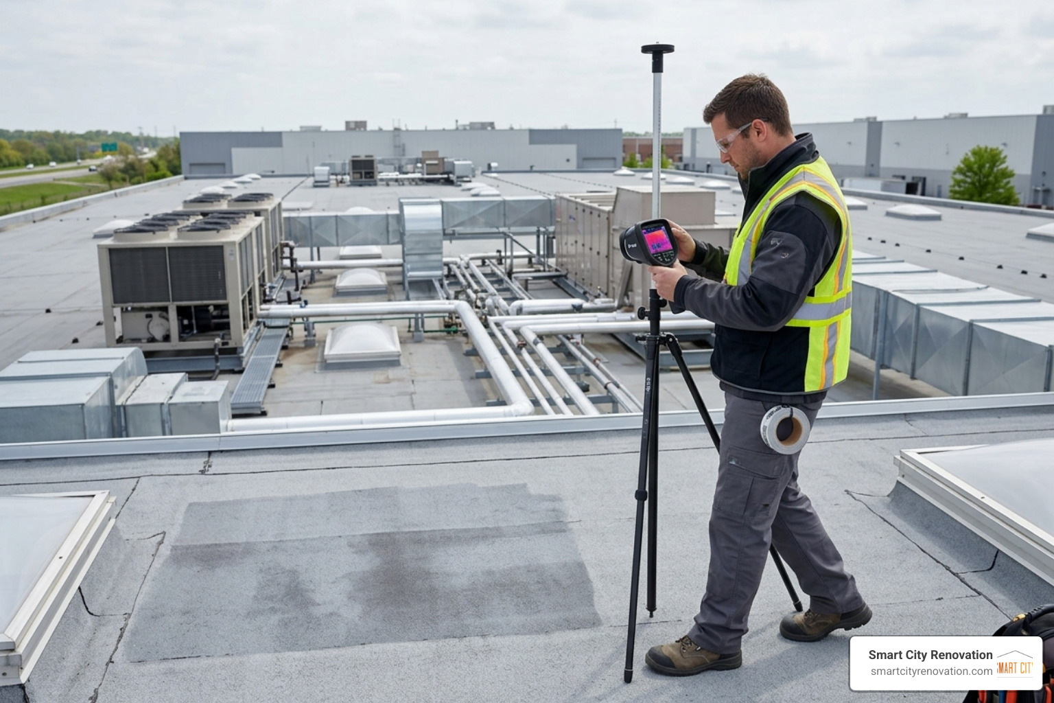 Technician performing a roof moisture scan on a large industrial facility - industrial roofers near me Technician performing a roof moisture scan on a large industrial facility - industrial roofers near me