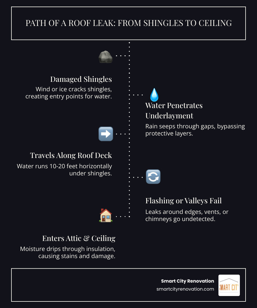 infographic showing path of a roof leak from damaged shingles through underlayment to ceiling water stain - chicagoland roof infographic showing path of a roof leak from damaged shingles through underlayment to ceiling water stain - chicagoland roof