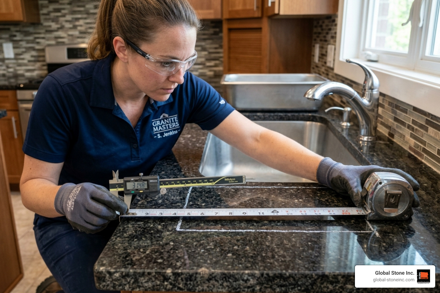 technician measuring a stone countertop for a sink cutout - kitchen sinks