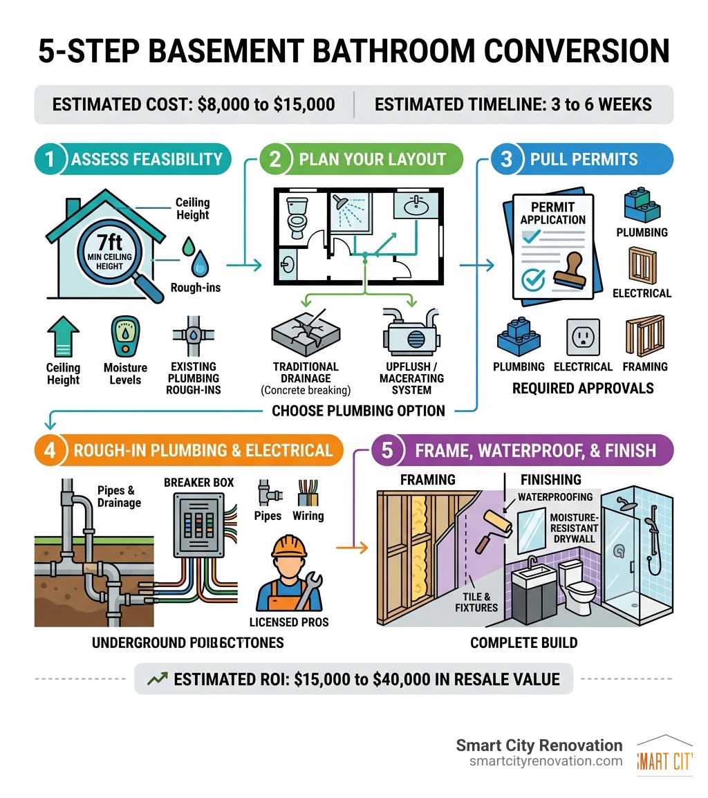 5-step basement bathroom conversion process infographic with costs, plumbing options, and timeline - add a bathroom to a 5-step basement bathroom conversion process infographic with costs, plumbing options, and timeline - add a bathroom to a