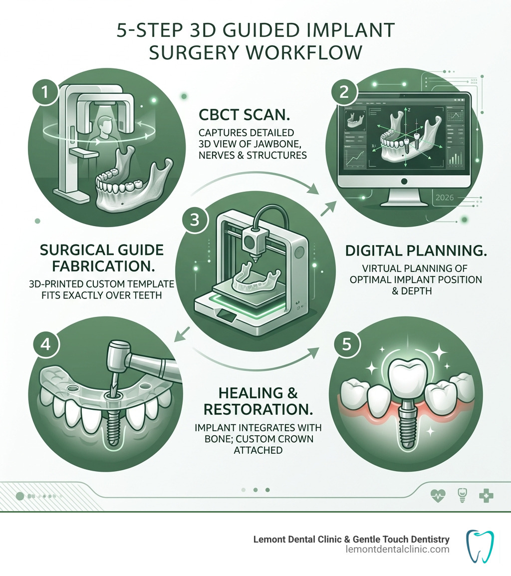 5-step 3D guided implant surgery workflow: CBCT scan, digital planning, surgical guide fabrication, guided placement