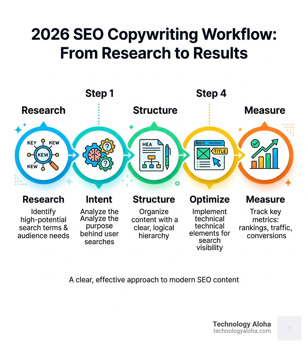 2026 SEO copywriting workflow: research, intent, structure, optimize, measure - seo copy writing infographic 