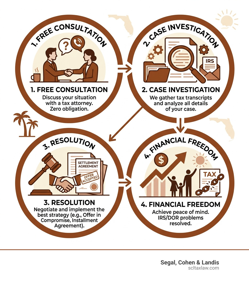4-step tax resolution process: Free Consultation, Case Investigation, Resolution, Financial Freedom - orlando fl tax