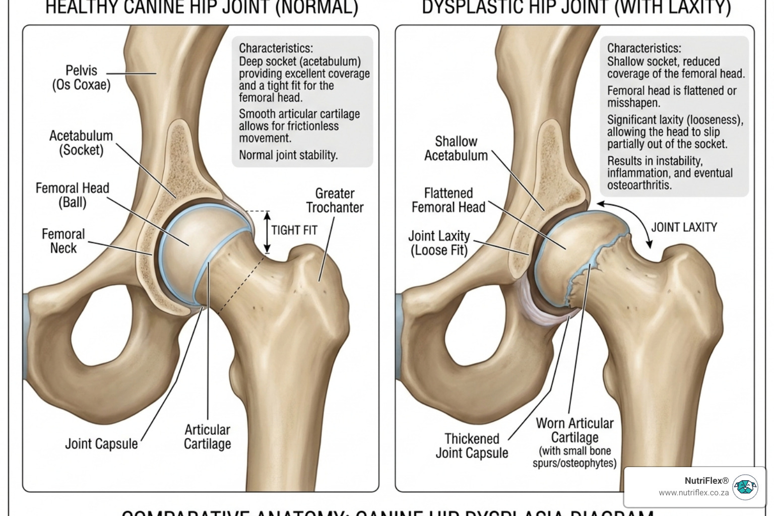 Canine Hip Joint Anatomy Showing Healthy Joint Vs Dysplastic Joint With Laxity - Pure Glucosamine Sulfate Hip Dysplasia Canine Hip Joint Anatomy Showing Healthy Joint Vs Dysplastic Joint With Laxity - Pure Glucosamine Sulfate Hip Dysplasia