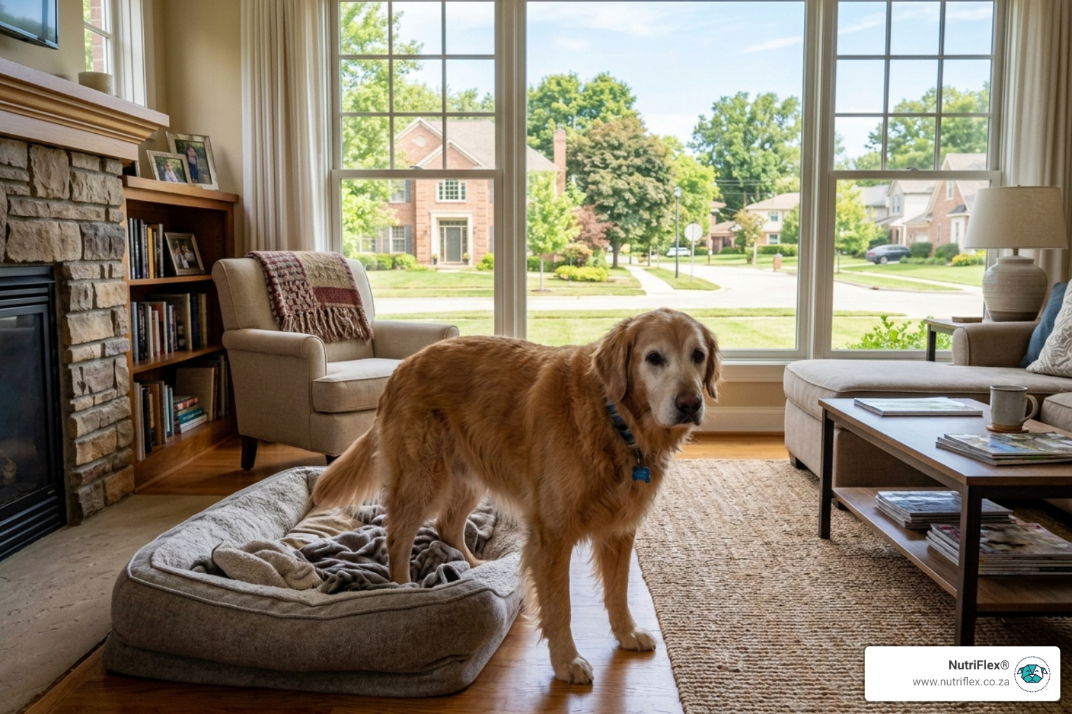 Senior Dog Rising Comfortably From A Soft Bed In A Sunny South African Living Room - Pure Glucosamine Sulfate Hip Dysplasia Senior Dog Rising Comfortably From A Soft Bed In A Sunny South African Living Room - Pure Glucosamine Sulfate Hip Dysplasia