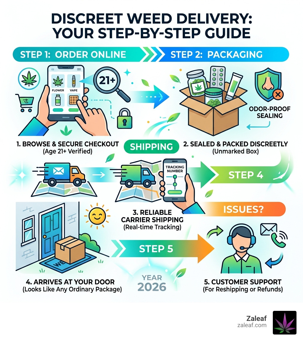 Step-by-step infographic showing the discreet weed delivery process from ordering to doorstep - discreet weed delivery