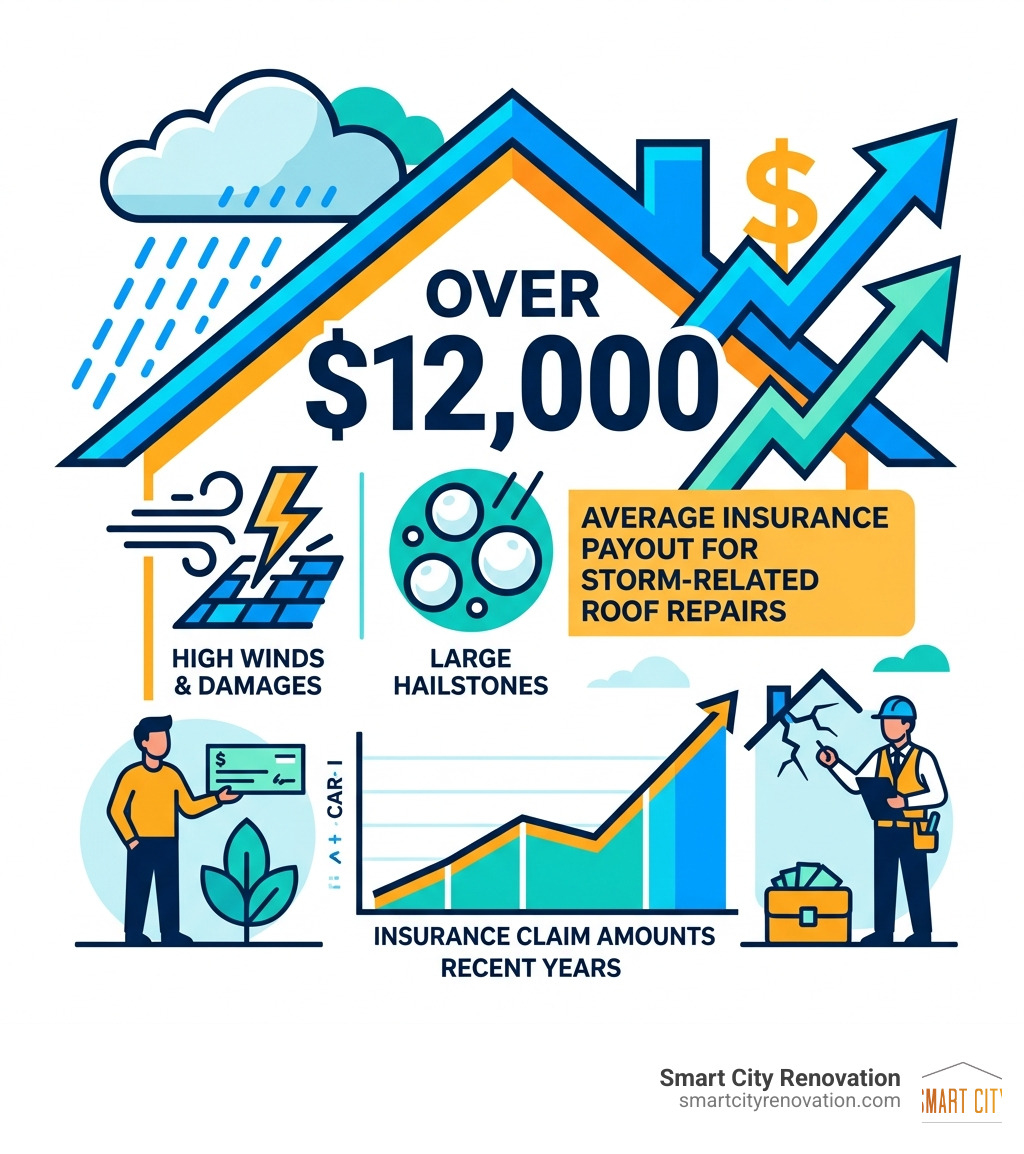 Infographic showing that the average insurance payout for storm-related roof repairs is over $12,000 - roof leak repair Infographic showing that the average insurance payout for storm-related roof repairs is over $12,000 - roof leak repair