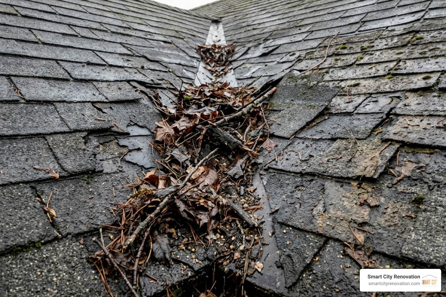 Damaged roof valley with accumulated debris and leaves - roof leak repair services Damaged roof valley with accumulated debris and leaves - roof leak repair services