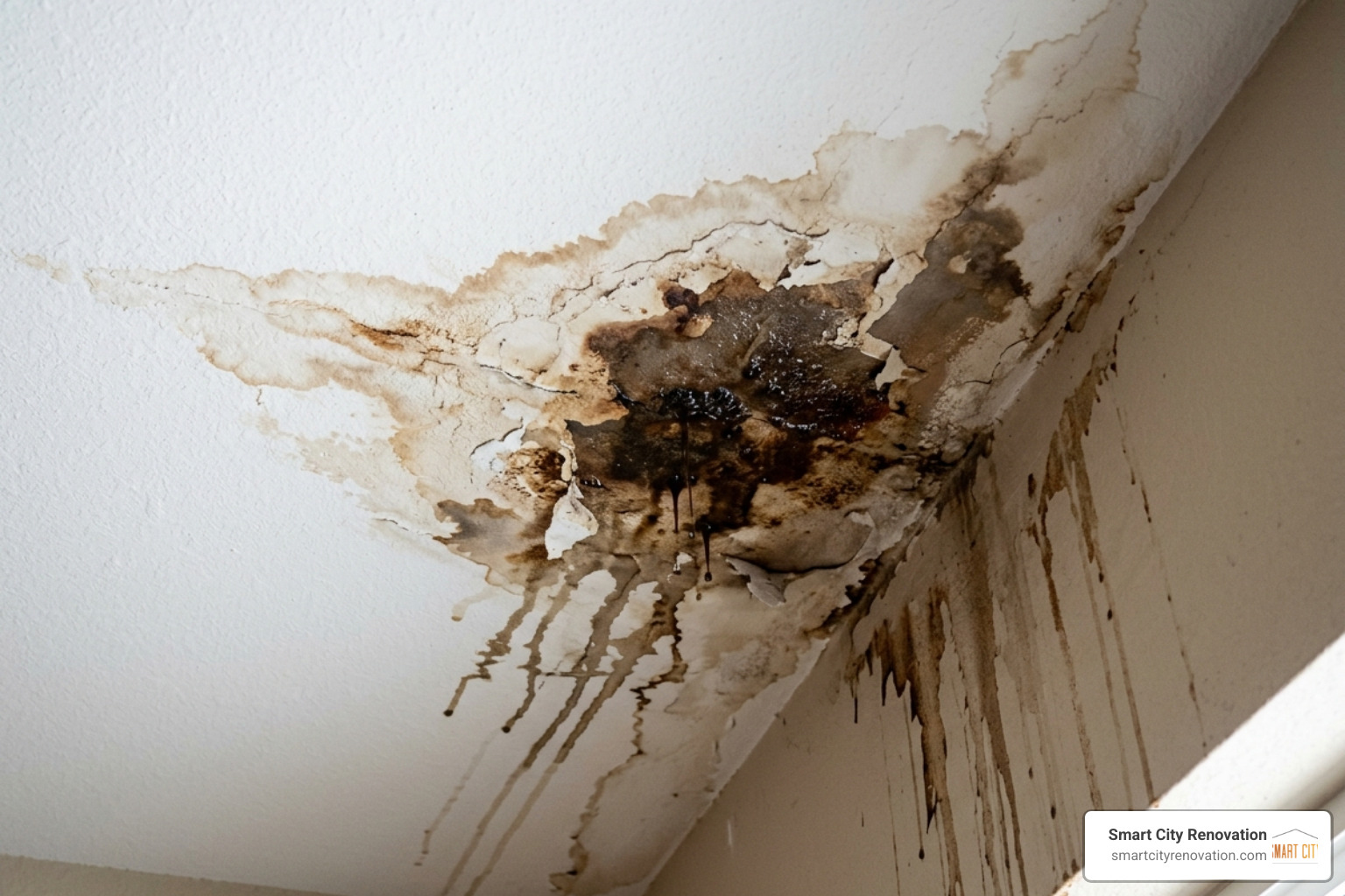 Water stains on a ceiling indicating a roof leak - roof leak repair services Water stains on a ceiling indicating a roof leak - roof leak repair services