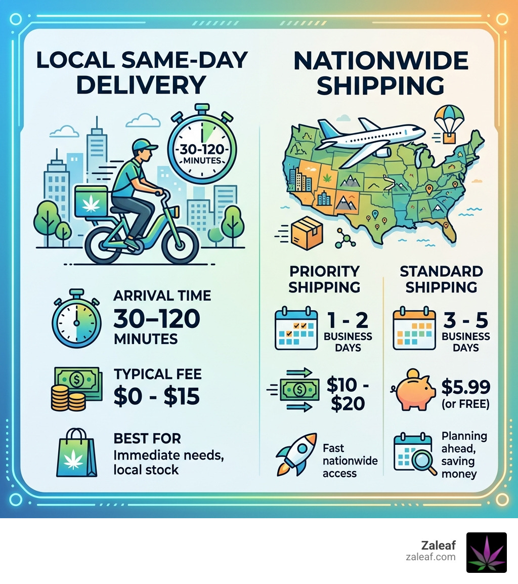 Infographic comparing local same-day delivery vs nationwide shipping times and costs - discreet weed delivery infographic 