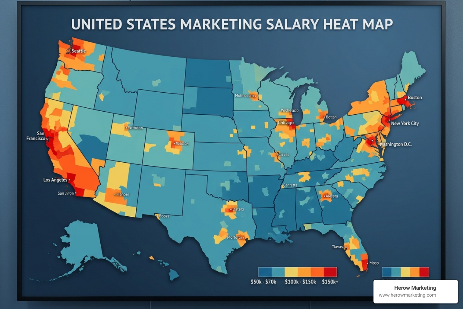 Salary heat map of the United States showing regions with high marketing pay - digital and social media marketing salary Salary heat map of the United States showing regions with high marketing pay - digital and social media marketing salary