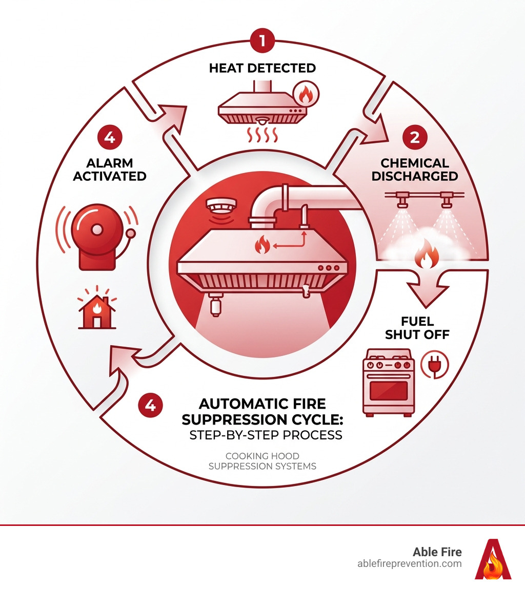 Infographic showing the automatic fire suppression cycle: heat detected, chemical discharged, fuel shut off, alarm activated