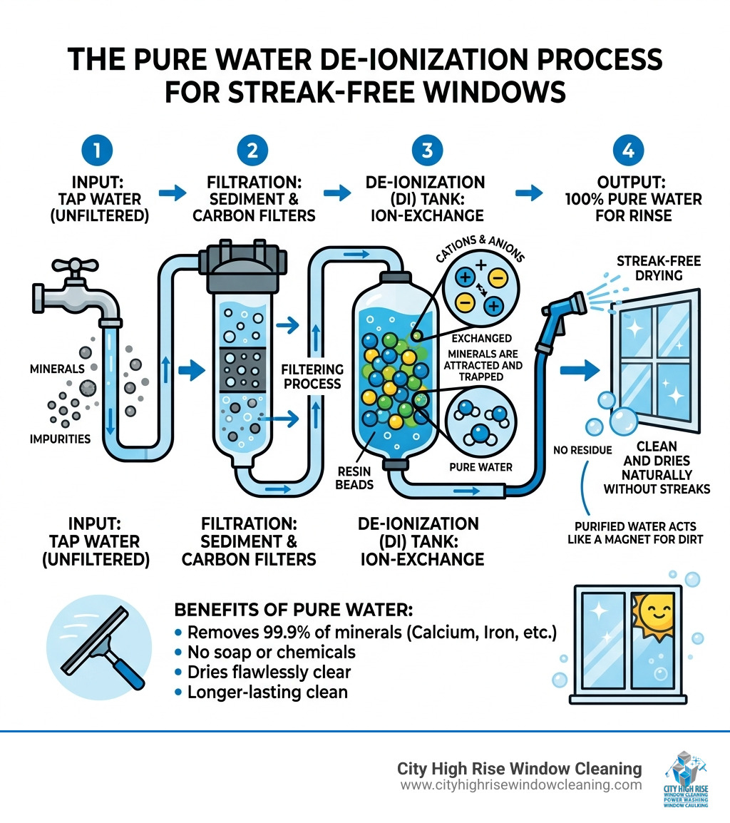 Infographic explaining the pure water de-ionization process for streak-free windows - Window cleaning New Jersey infographic Infographic explaining the pure water de-ionization process for streak-free windows - Window cleaning New Jersey infographic