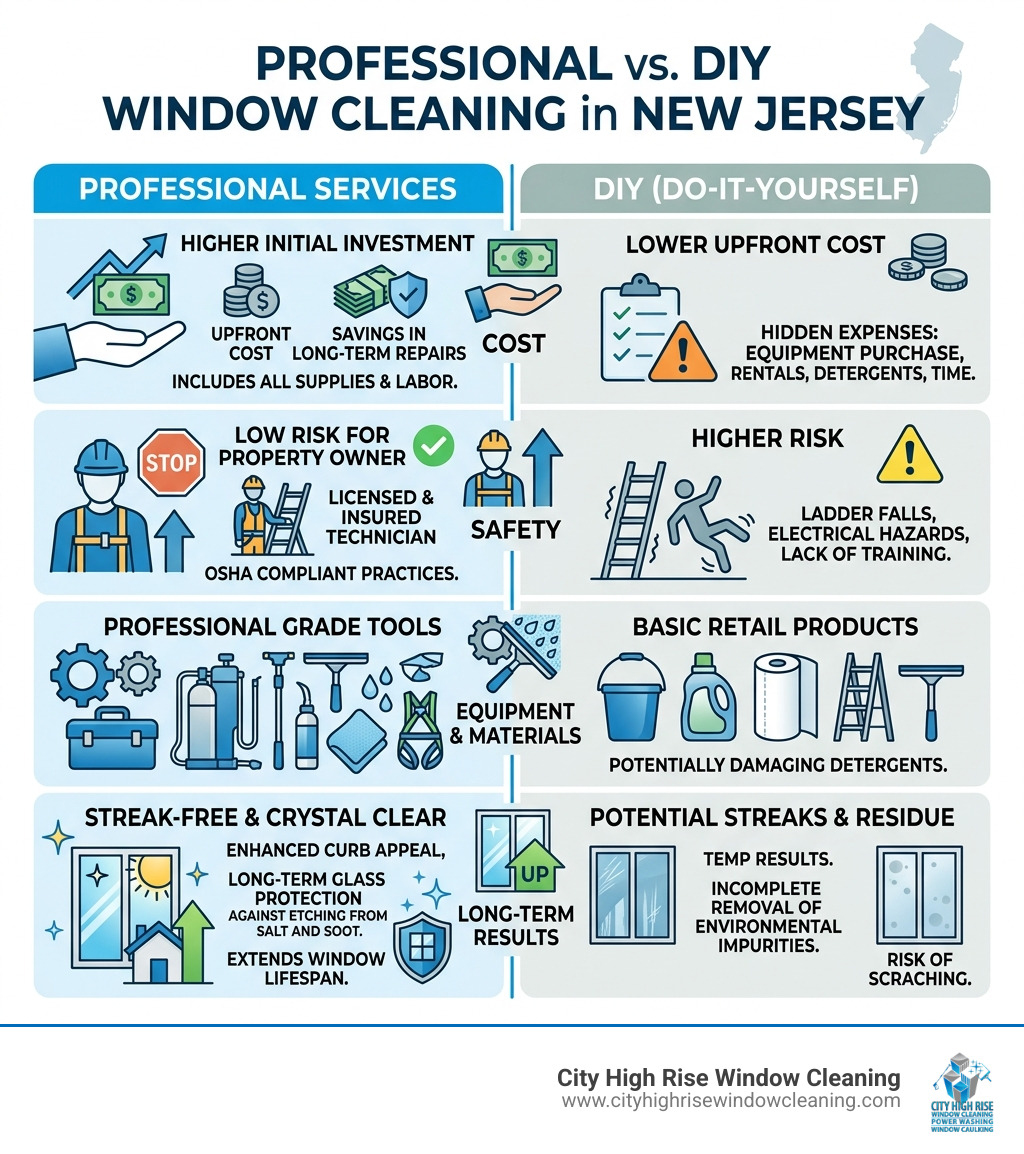 Infographic comparing professional vs DIY window cleaning in New Jersey: cost, safety, equipment, and long-term results Infographic comparing professional vs DIY window cleaning in New Jersey: cost, safety, equipment, and long-term results
