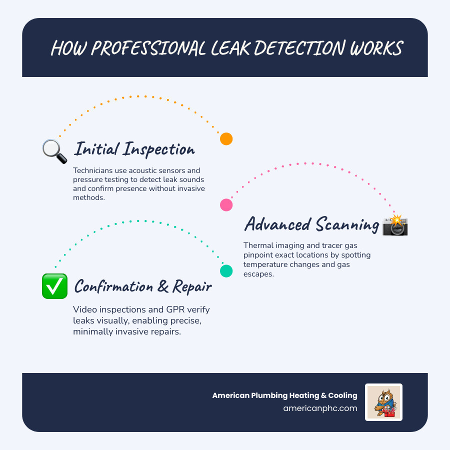 Step-by-step infographic of the professional leak detection process from inspection to confirmation - how professional leak Step-by-step infographic of the professional leak detection process from inspection to confirmation - how professional leak
