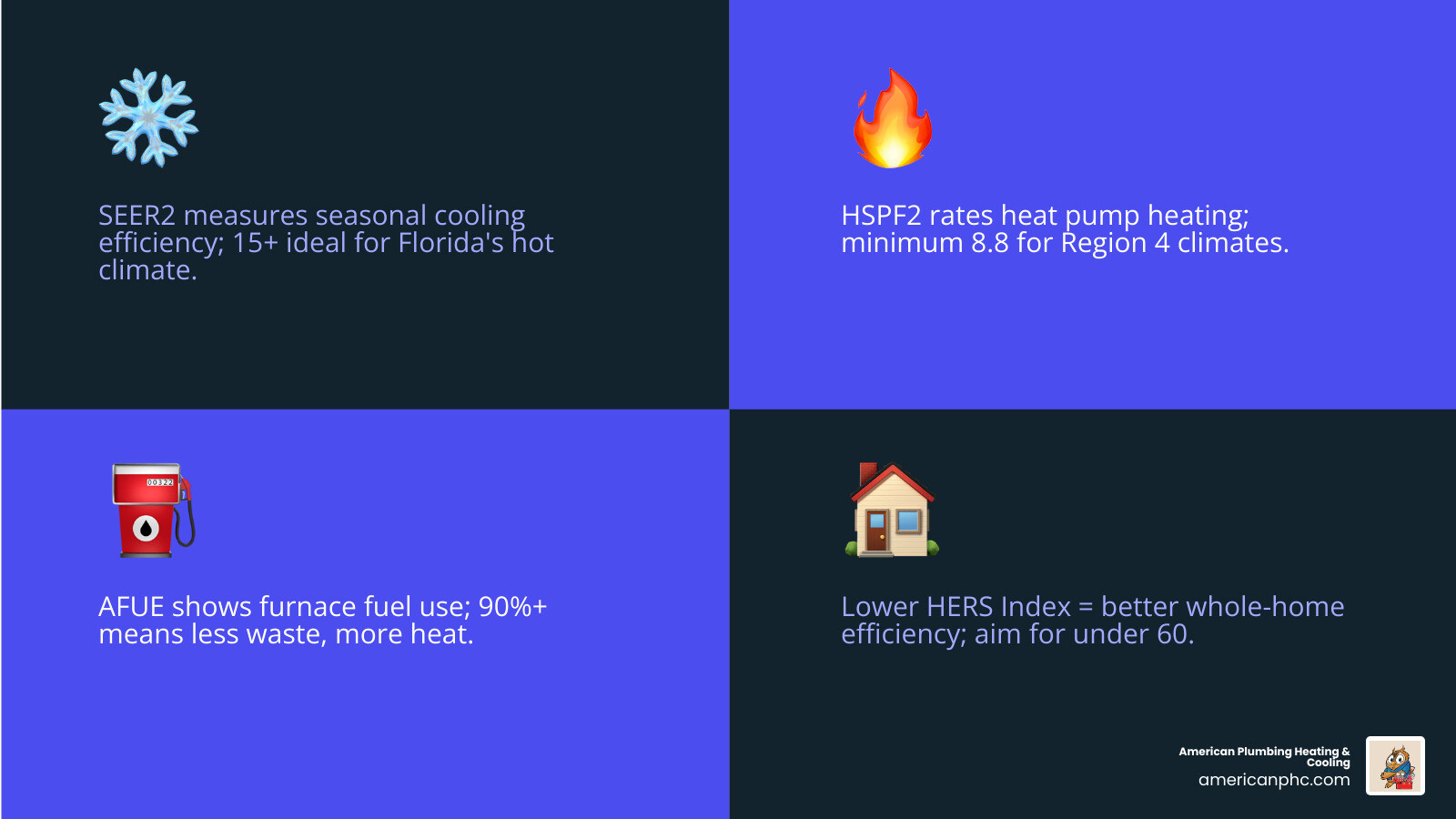 Infographic showing major home efficiency ratings SEER AFUE HSPF HERS and their ideal values for Florida homeowners Infographic showing major home efficiency ratings SEER AFUE HSPF HERS and their ideal values for Florida homeowners
