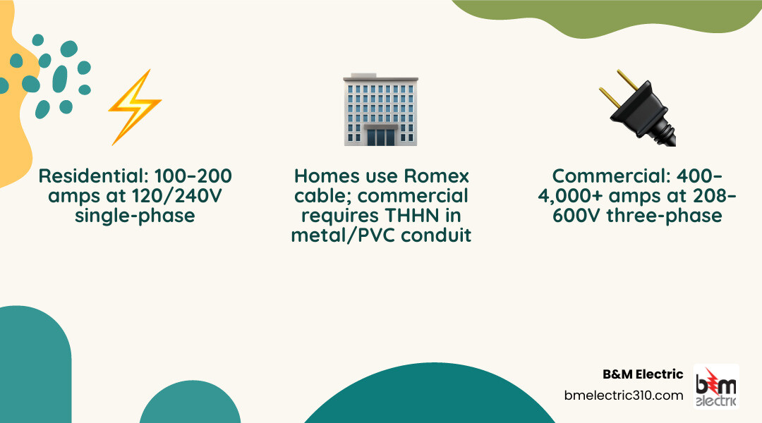Infographic comparing residential vs commercial electrical systems: voltage, amperage, wiring, load, and code requirements