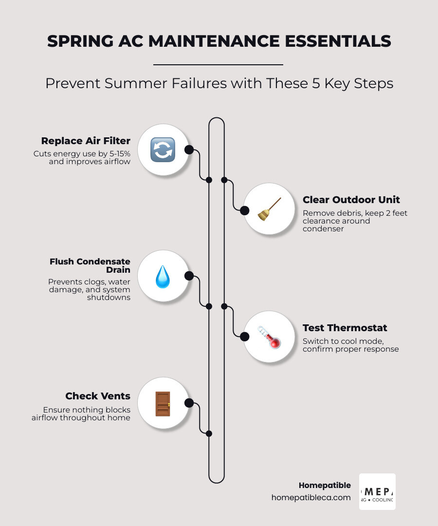 Spring AC maintenance checklist infographic showing 6 key steps from filter replacement to professional tune-up - spring ac