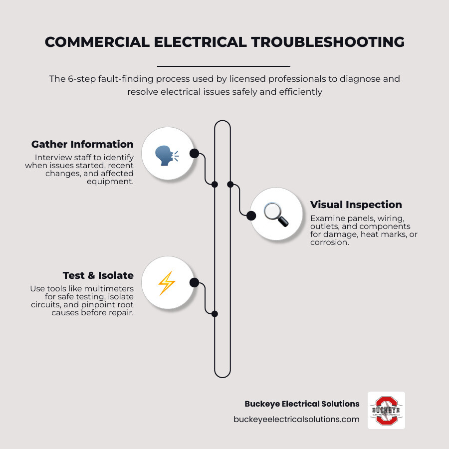 6-step commercial electrical troubleshooting fault-finding process infographic - commercial electrical troubleshooting