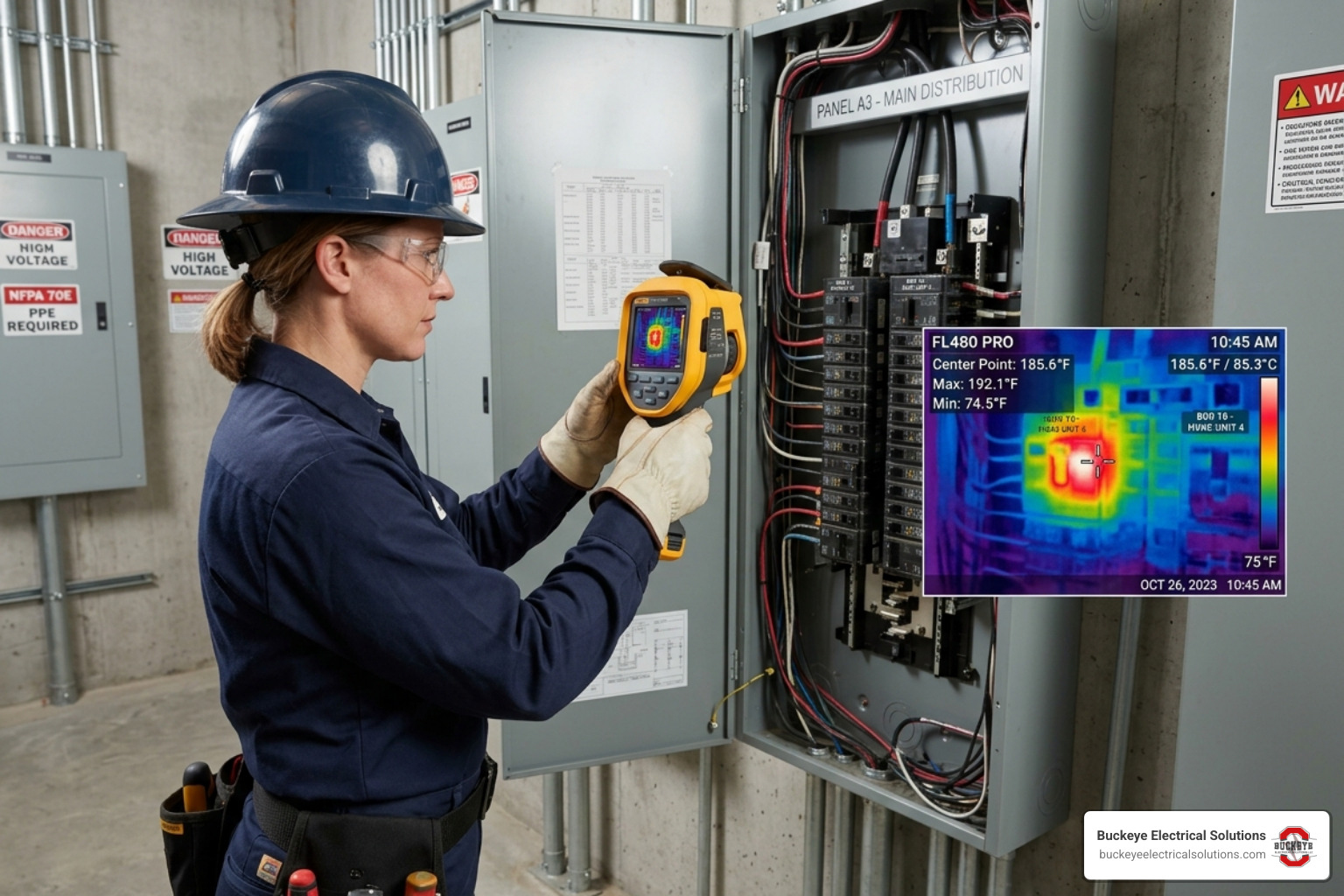 Thermal imaging camera detecting a hotspot in a commercial electrical panel - commercial electrical troubleshooting