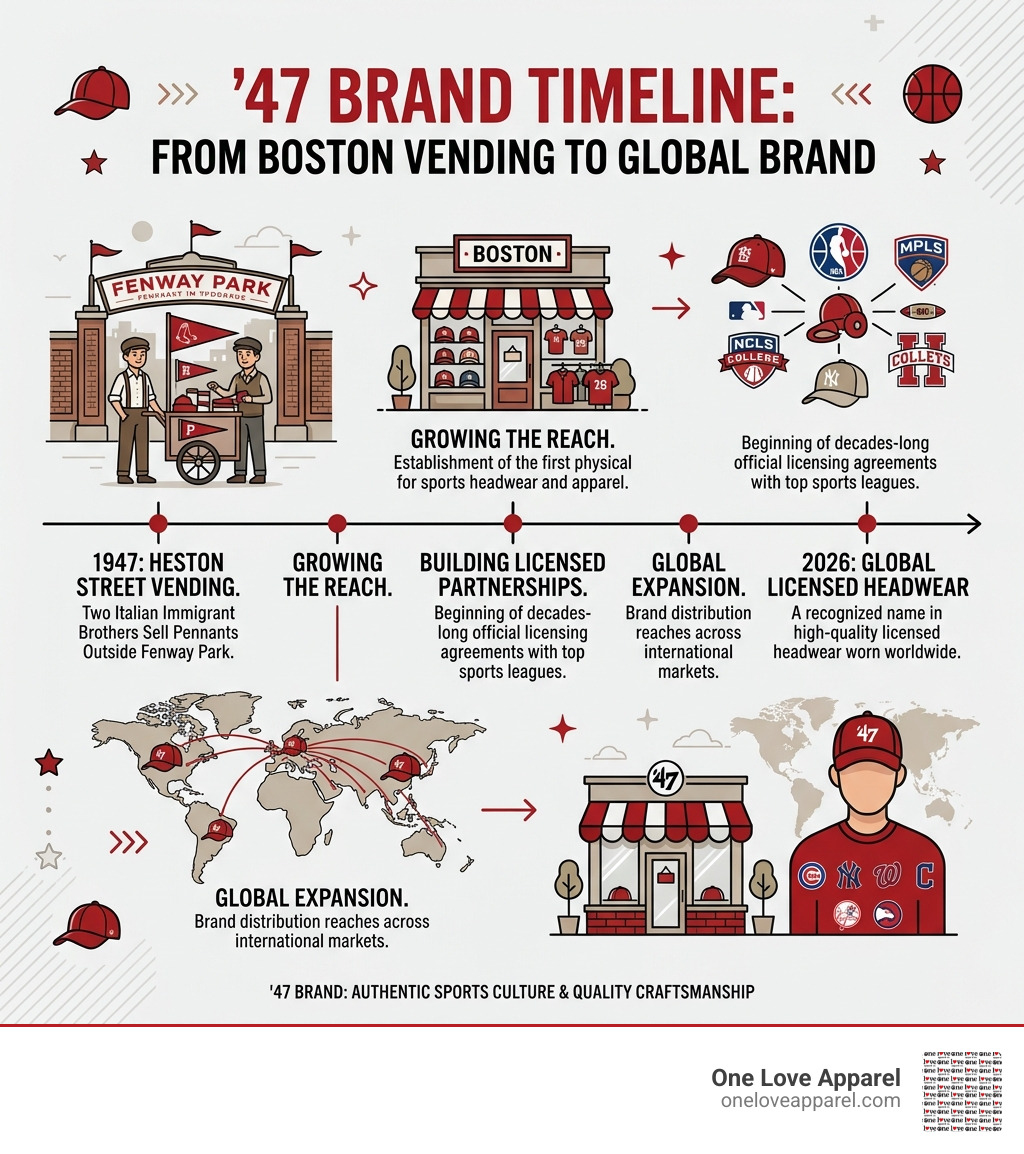 47 brand timeline from 1947 Boston street vending to 2026 global licensed headwear brand - 47 brand caps infographic 47 brand timeline from 1947 Boston street vending to 2026 global licensed headwear brand - 47 brand caps infographic