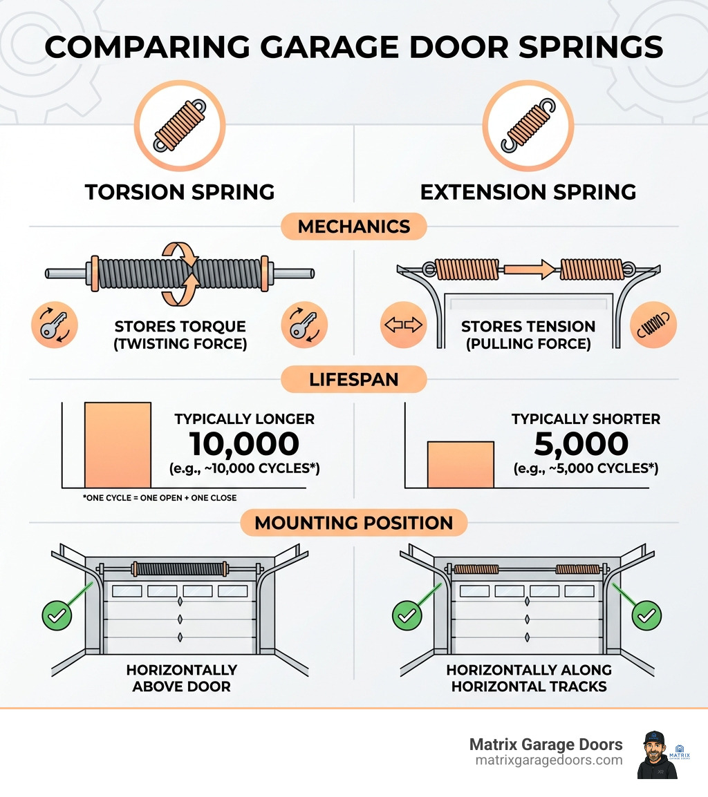 infographic comparing torsion spring vs extension spring mechanics, lifespan, and mounting position - Garage door torsion