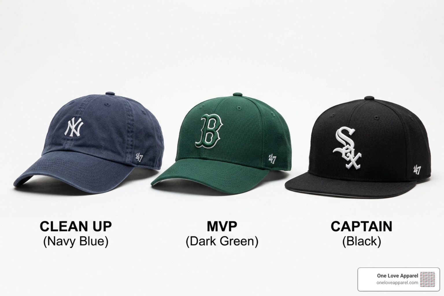 Comparison of 47 Brand cap silhouettes Clean Up vs MVP vs Captain - 47 brand caps Comparison of 47 Brand cap silhouettes Clean Up vs MVP vs Captain - 47 brand caps