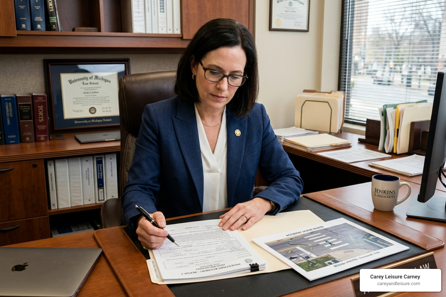 A board-certified attorney carefully reviewing a police report and accident scene photos - tampa pedestrian accident lawyer