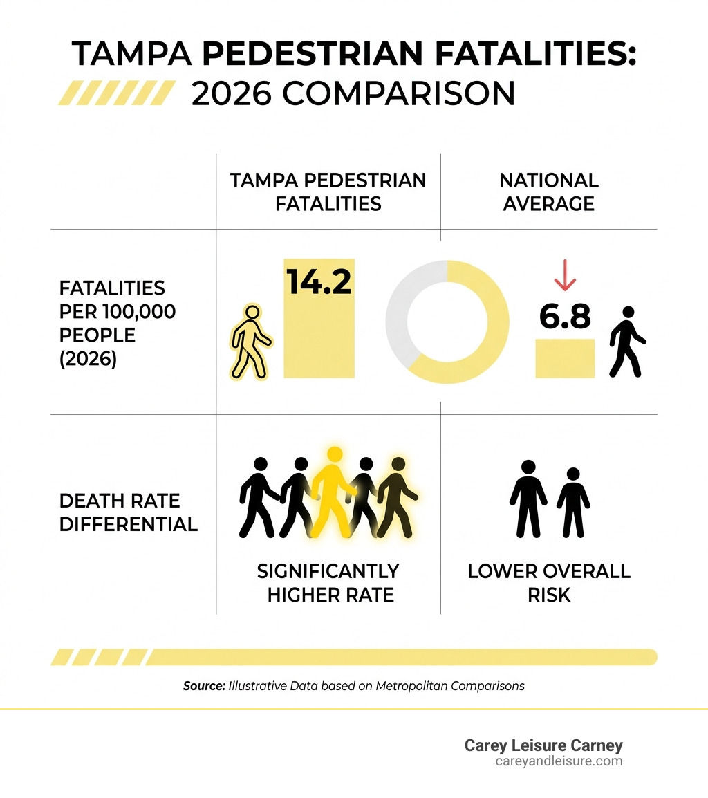 Table comparing Tampa pedestrian fatalities per 100,000 people to national averages in 2026 - tampa pedestrian accident