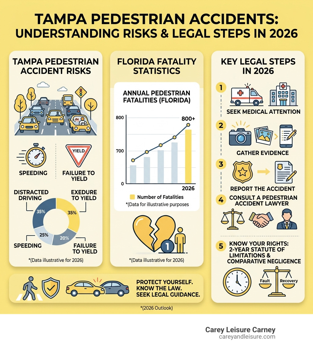 Infographic showing Tampa pedestrian accident risks, Florida fatality statistics, and key legal steps in 2026 - tampa