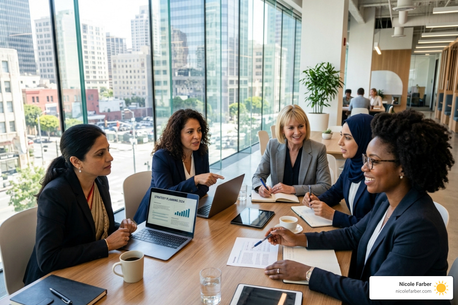 A diverse leadership team of women collaborating in a modern office space - empowering female business leaders A diverse leadership team of women collaborating in a modern office space - empowering female business leaders