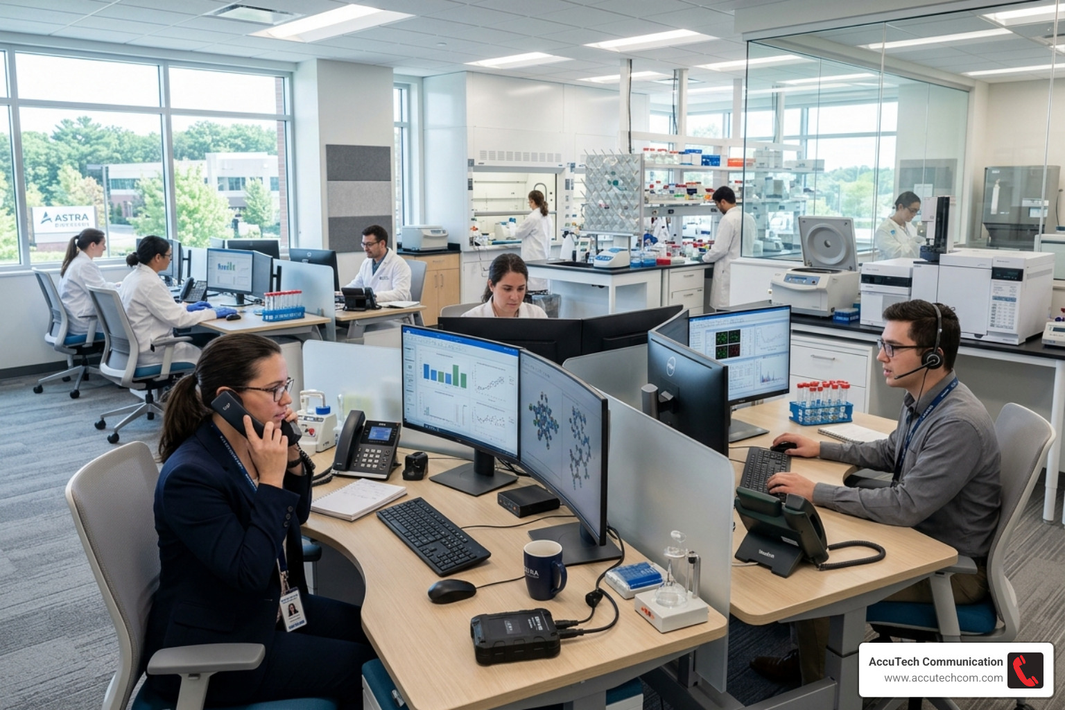 Biotech laboratory office in Woburn featuring integrated VoIP handsets for secure communication - Business phone Woburn