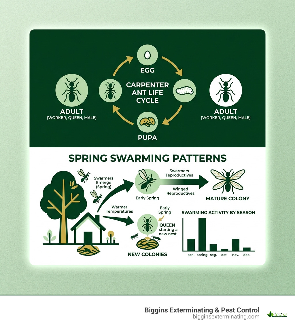 Carpenter ant life cycle and spring swarming patterns infographic - carpenter ant infestation removal infographic 