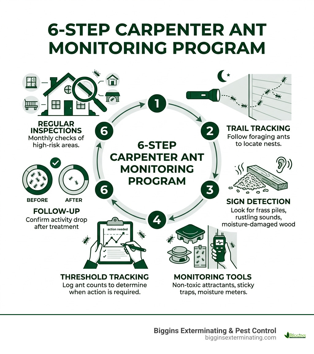 6-step carpenter ant monitoring program lifecycle infographic - carpenter ant monitoring program infographic 