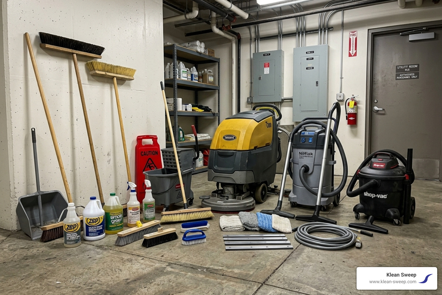 Industrial floor cleaning supplies including scrubbers, vacuums, and pH-neutral cleaners - clean basement concrete floor