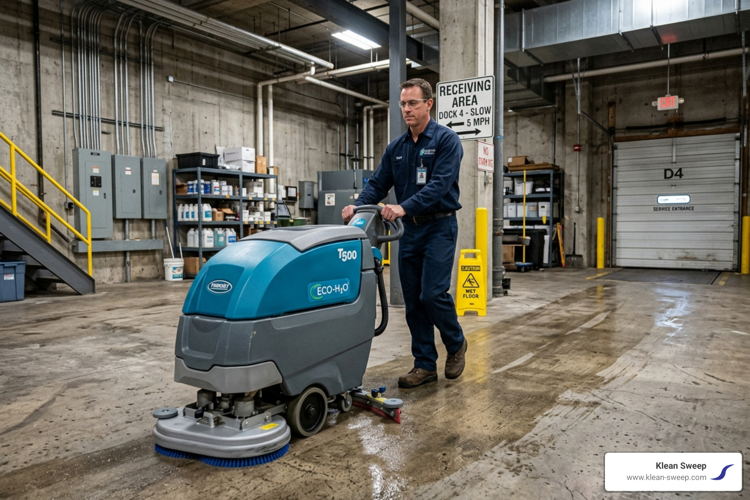 Technician operating a walk-behind floor scrubber in a commercial basement - clean basement concrete floor