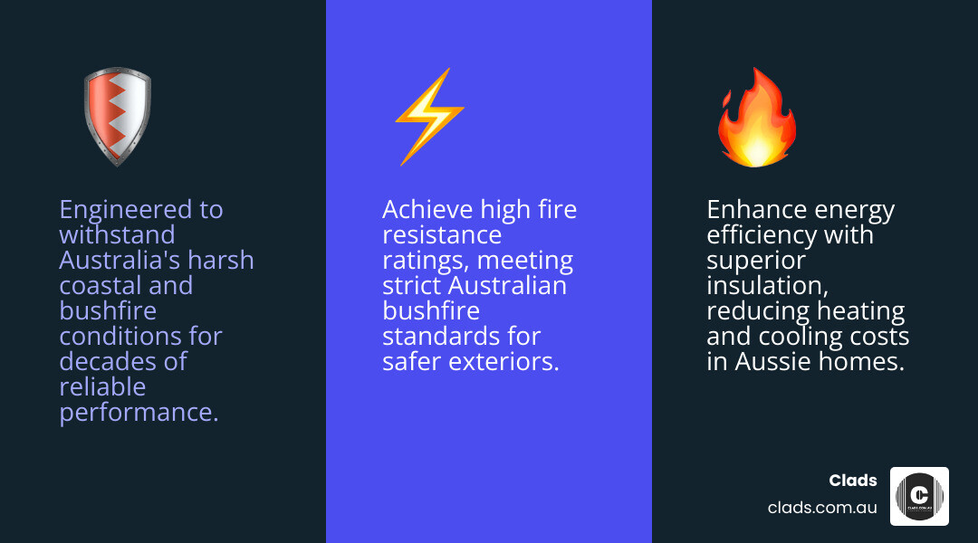 Infographic showing primary benefits of modern exterior cladding panels for Australian homes : cladding panels exterior